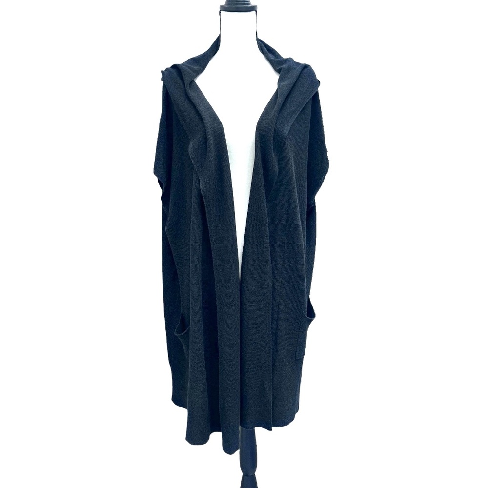 MAX STUDIO BLACK KNIT SHORT SLEEVE HOODED LONG OPEN CARDIGAN